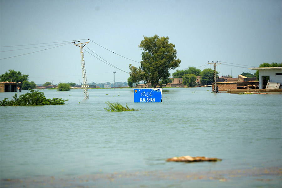 道路脇の標識板が洪水の水位の高さを示している（シンド州ダードゥ地区ケアプール・ネイサン・シャー／パキスタン） Credit: DEC
