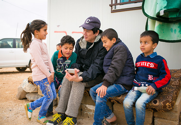 At Zaatari camp, spending time with Abdullah's children after lunch
